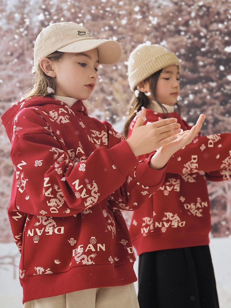 格岚云顿英国品牌高端系列女童红色加绒卫衣2024龙年喜庆过年服儿童洋气百搭新年装