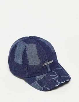 推荐COLLUSION Unisex patchwork distressed denim cap in blue商品