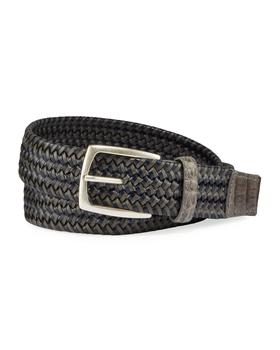 推荐Men's Woven Leather Stretch Belt with Crocodile Trim商品
