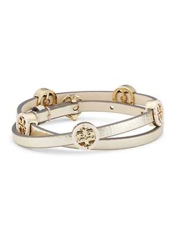 tory burch double lee, Tory Burch | Miller 18K-Gold-Plated, Leather, & Enamel Double-Wrap Bracelet商品图片 