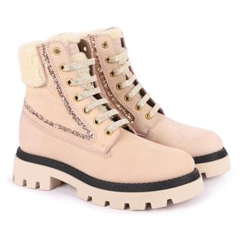 推荐Light pink lace up boot with wool border and glitter detailing商品