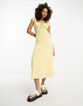 ASOS | ASOS DESIGN cap sleeve ruched midi dress with tie detail in lemon 6.6折