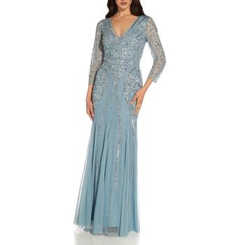 推荐Adrianna Papell Women's Beaded Mesh Godet 3/4 Sleeve A-Line Gown商品