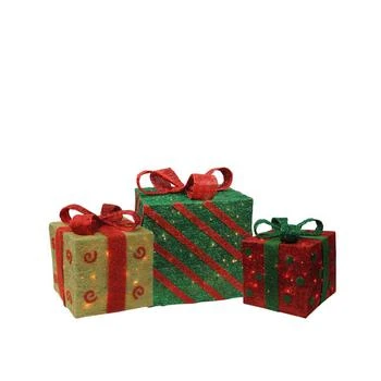 Northlight | Set of 3 Lighted Sparkling Gold Green and Red Sisal Gift Boxes Christmas Outdoor Decorations,商家Macy's,价格¥3420