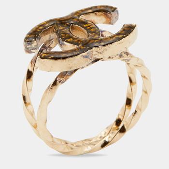 Chanel | Chanel CC Resin Gold Tone Ring Size 53商品图片,