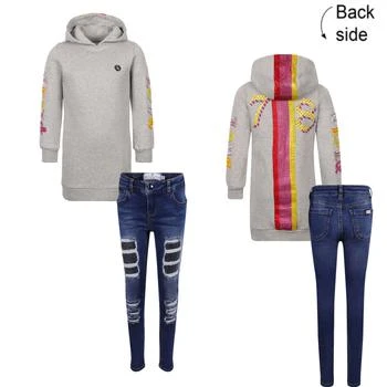 推荐Girls crystal 78 hoodie dress and jeans with logo hardware on back pocket set in grey and blue商品