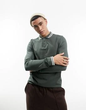 ASOS | ASOS DESIGN long sleeve tipped pique polo shirt in khaki,商家ASOS,价格¥175