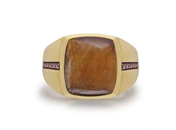 Monary | Chatoyant Yellow Tiger Eye Stone & Champagne Diamond Signet Ring in 14K Yellow Gold Plated Sterling Silver,商家Premium Outlets,价格¥1569