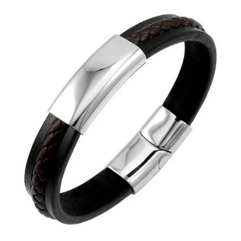 推荐Sutton Stainless Steel Two-Tone Leather Bracelet With Braided Stripe Detail商品