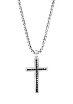 Effy | Men's 7/8 ct. t.w. Black Spinel Cross Pendant Necklace in Sterling Silver商品图片,