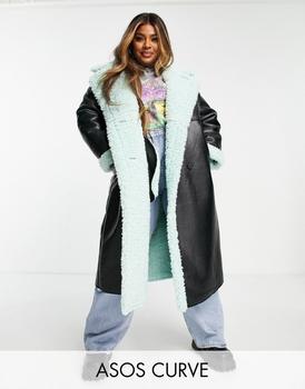 asos design, ASOS | ASOS DESIGN Curve bonded borg trench coat in black and mint商品图片 
