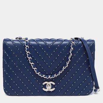 chanel包, [二手商品] Chanel | Chanel Navy Blue Studded Chevron Leather Flap Bag商品图片 9.8折, 满1件减$100, 满减