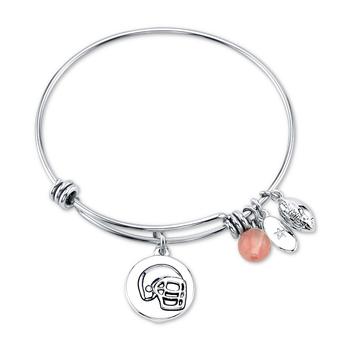 Unwritten | Football Charm and Cherry Quartz Stone (8mm) Bangle Bracelet in Stainless Steel Silver Plated Charms商品图片,3.5折