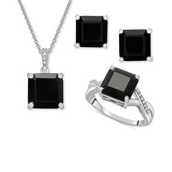 商品Macy's | 3-Pc. Set Onyx & Diamond Accent Square-Cut Pendant Necklace, Ring and Stud Earrings in Sterling Silver,商家Macy's,价格¥2009图片