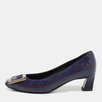 Roger Vivier Navy Blue Laser Cut Suede and Leather Trompette Pumps Size 35 product img