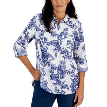 Charter Club | Petite 3/4-Sleeve Foliage-Print Button-Up Top, Created for Macy's 