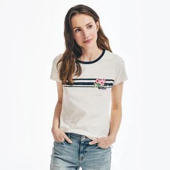 推荐Nautica Womens Sustainably Crafted Floral Chest-Stripe T-Shirt商品