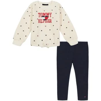 Tommy Hilfiger | Baby Girls Printed Fleece Glitter Heart Crewneck Top and Leggings, 2 Piece Set 