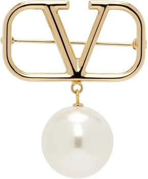 Valentino | Gold VLogo Signature Pearl Brooch,商家Ssense US,价格¥2731