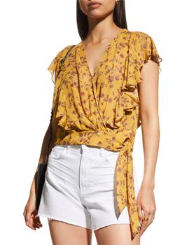 Paige是什么牌子, Paige | Trista Floral Ruffle Sleeve Wrap Top商品图片 满$400减$100, 满减