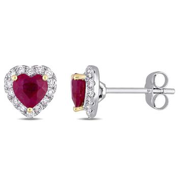 商品Amour | Heart Shape Ruby and 1/3 CT TW Diamond Halo Stud Earrings In 14K White Gold with Yellow Gold Prongs,商家Jomashop,价格¥6483图片
