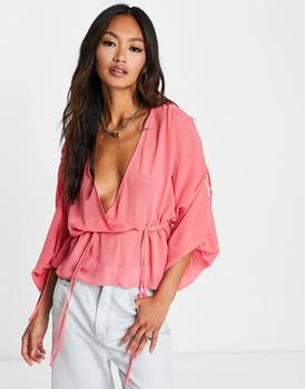 ASOS | ASOS DESIGN sheer ruched shoulder blouse with frill hem in pink商品图片,