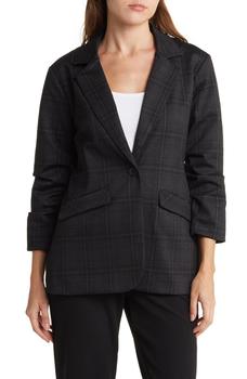 Democracy, Democracy | Three-Quarter Ruched Sleeve Plaid Blazer商品图片 6折