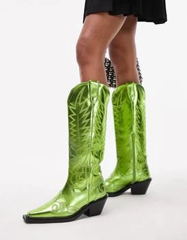 推荐Topshop Bailey premium leather western boot in metallic green商品