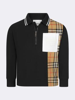 Burberry | Burberry Black Boys Cotton Check Strip Polo Shirt商品图片,额外8折, 额外八折