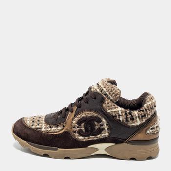 香奈儿鞋, [二手商品] Chanel | Chanel Brown Tweed And Leather CC Low Top Sneakers Size 38商品图片 7.2折