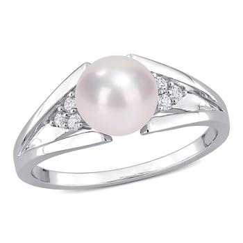 商品7-7.5mm Freshwater Cultured Pearl and Diamond Accent Split-Shank Ring in Sterling Silver图片