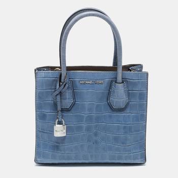 mk托特包真假, [二手商品] Michael Kors | Michael Kors Blue Croc Embossed Leather Mini Mercer Tote商品图片 3.7折