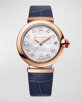 商品BVLGARI | LVCEA 33mm Pink Gold and Stainless Steel Mother-of-Pearl Watch with Diamonds and Blue Alligator Strap,商家Neiman Marcus,价格¥71549图片
