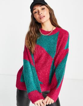 推荐Topshop knitted argyle boucle jumper in fushia and green商品