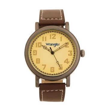 Wrangler | Men's Watch, 50MM Antique Grey Case with Beige Dial, White Arabic Numerals, with White Hands, Brown Strap with White Stitching, Over Sized Crown 