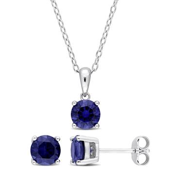 商品3 CT TGW Round Created Blue Sapphire 2-Piece Set of Pendant with Chain and Earrings in Sterling Silver图片