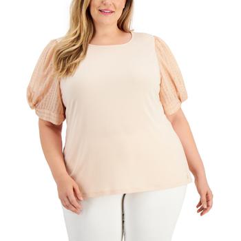 Calvin Klein | Calvin Klein Womens Plus Puff Sleeve Sheer T-Shirt商品图片,4.6折, 独家减免邮费