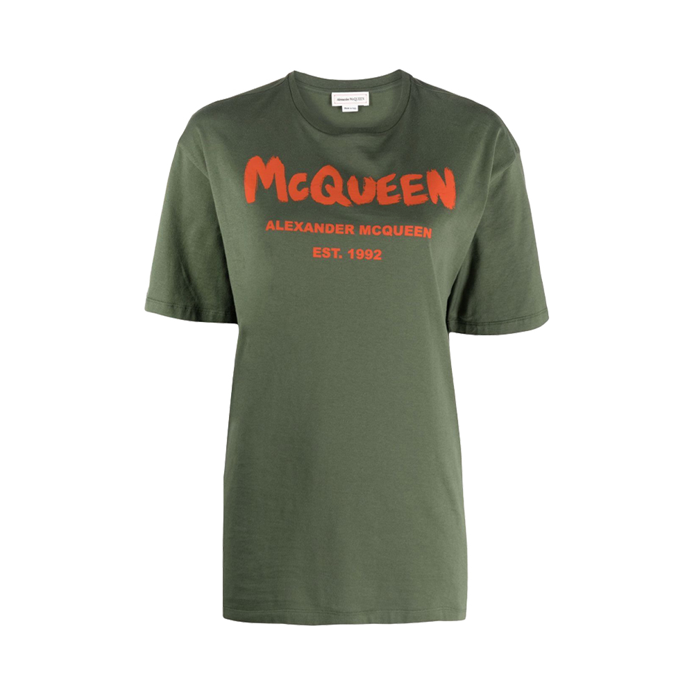推荐ALEXANDER MCQUEEN 女士军绿色印花棉质短袖T恤 668428-QZADK-0302商品