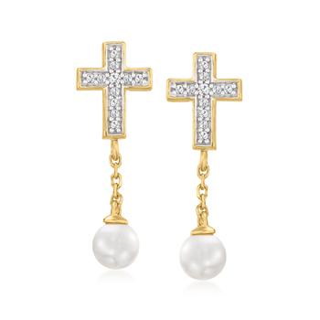 Ross-Simons | Ross-Simons 4-4.5mm Cultured Pearl Cross Drop Earrings With Diamond Accents in 14kt Yellow Gold商品图片,2.7折