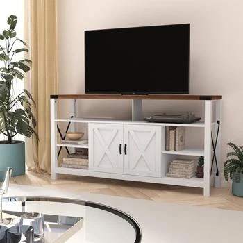 Merrick Lane | Green River 60" Media Console In White With Rustic Oak Top For 55+ Inch TV's With Open And Closed Storage,商家Verishop,价格¥1512