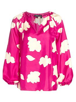 Theory | Floral V-Neck Puff-Sleeve Silk Blouse商品图片,2.8折