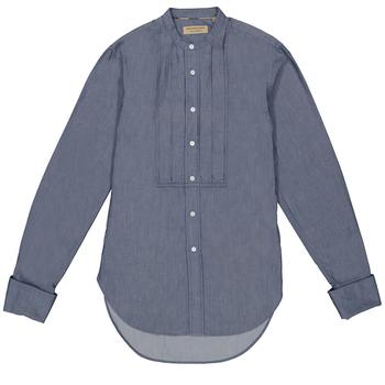商品Burberry Grandad Collar Pleated Bib Cotton Shirt In Denim Blue图片