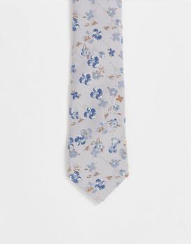 ASOS | ASOS DESIGN slim tie in silver and blue floral商品图片,6折×额外8折x额外9.5折, 独家减免邮费, 额外八折, 额外九五折