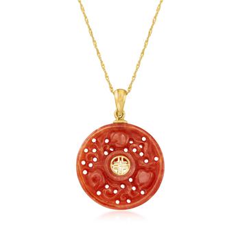 商品Ross-Simons Red Jade "Longevity" Chinese Symbol Pendant Necklace in 14kt Yellow Gold图片