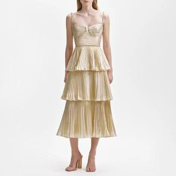 推荐Self-Portrait Metallic Pleated Chiffon Tiered Midi Dress商品