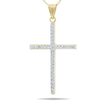 Thin Engraved Cross Pendant in 10K Yellow Gold with Rhodium Plate Finishing and 10K Yellow Gold Chain