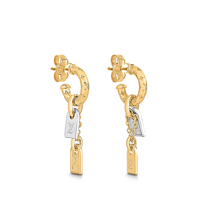 lv新款, Louis Vuitton | 预售十天Louis Vuitton/路易威登 22春夏新款NANOGRAM系列 金色/银色双色金属镂刻老花图案装饰银色吊饰耳环M00607商品图片 7.9折, 包邮包税