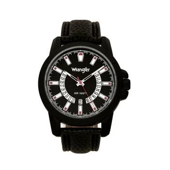 Wrangler | Men's Watch, 46MM IP Black Sandblasted Case and Bezel, Black Dial, White and Red Index Markers, Dual Crescent Cutouts For Date Function, Analog Watch, Red Second Hand, Black Strap 