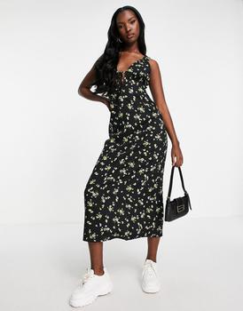 Motel | Motel midaxi tea dress with tie front in lemon black floral商品图片,