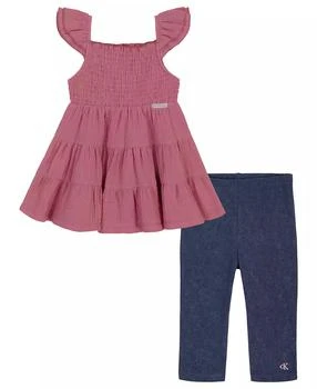 Calvin Klein | Little Girls Smocked Tiered Gauze Tunic and Stretch Capri Leggings, 2 Piece Set,商家Macy's,价格¥162